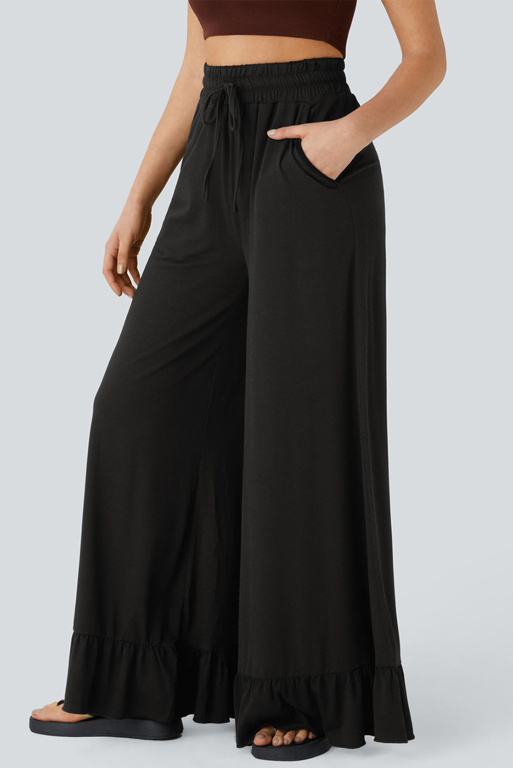 Dune Solid Color Ruffle Hem Wide Leg Pants Shewin