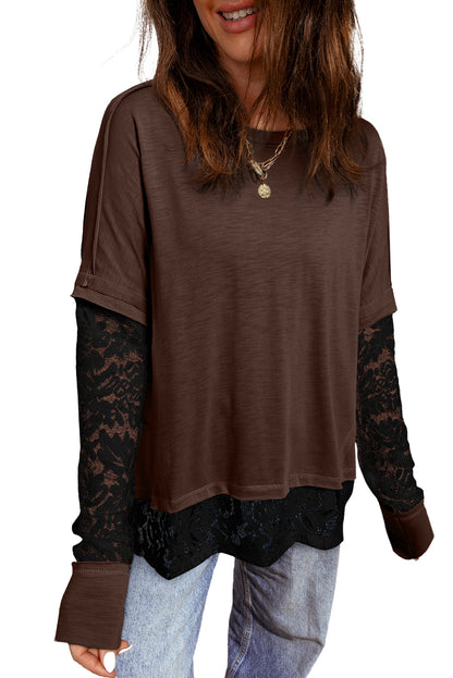 Light French Beige Sheer Lace Patchwork Casual Long Sleeve Tee