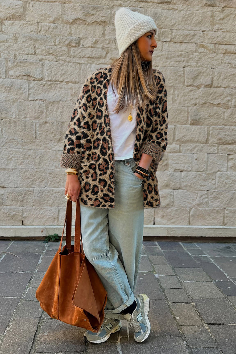 Brown Leopard Open Front Fuzzy Cardigan Shewin