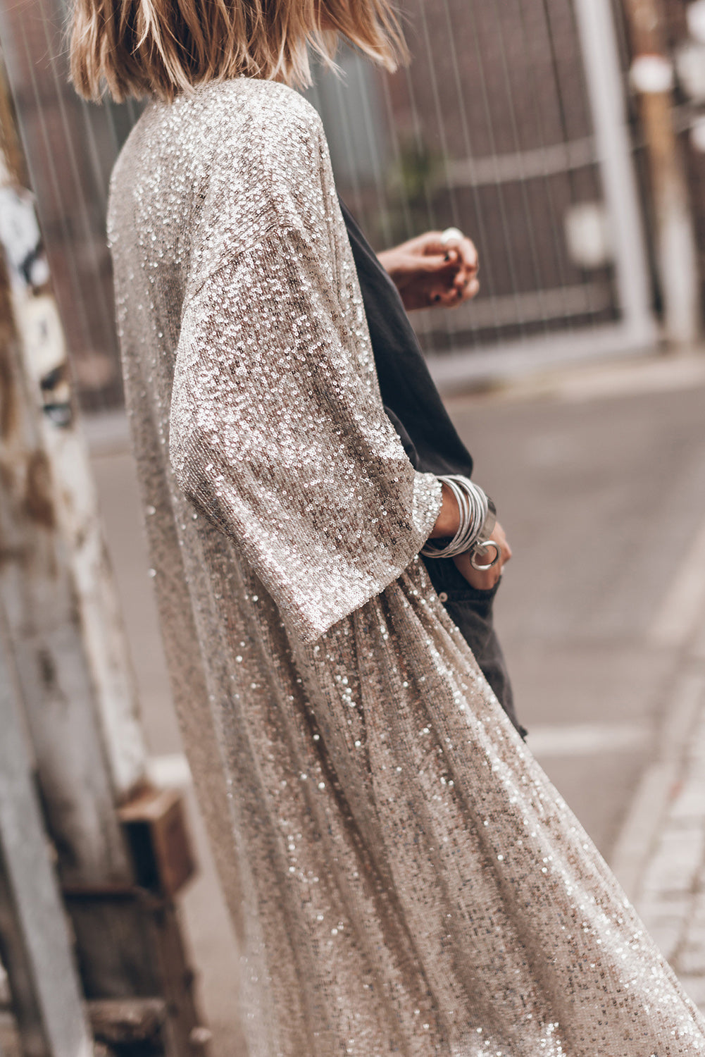 Apricot Sequin 3/4 Sleeve Open Front Duster Cardigan Shewin