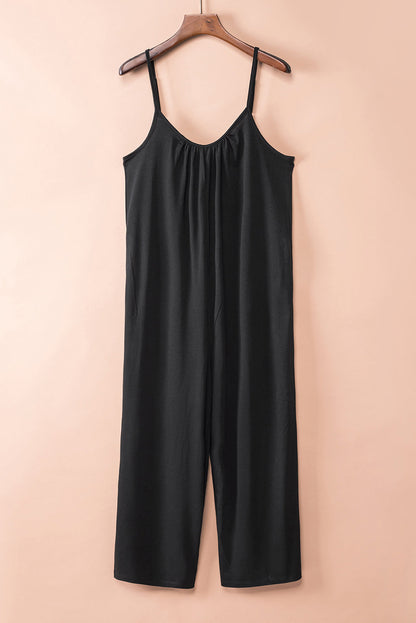 Black Casual Spaghetti Straps Wide Leg Pocketed Jumpsuits Shewin