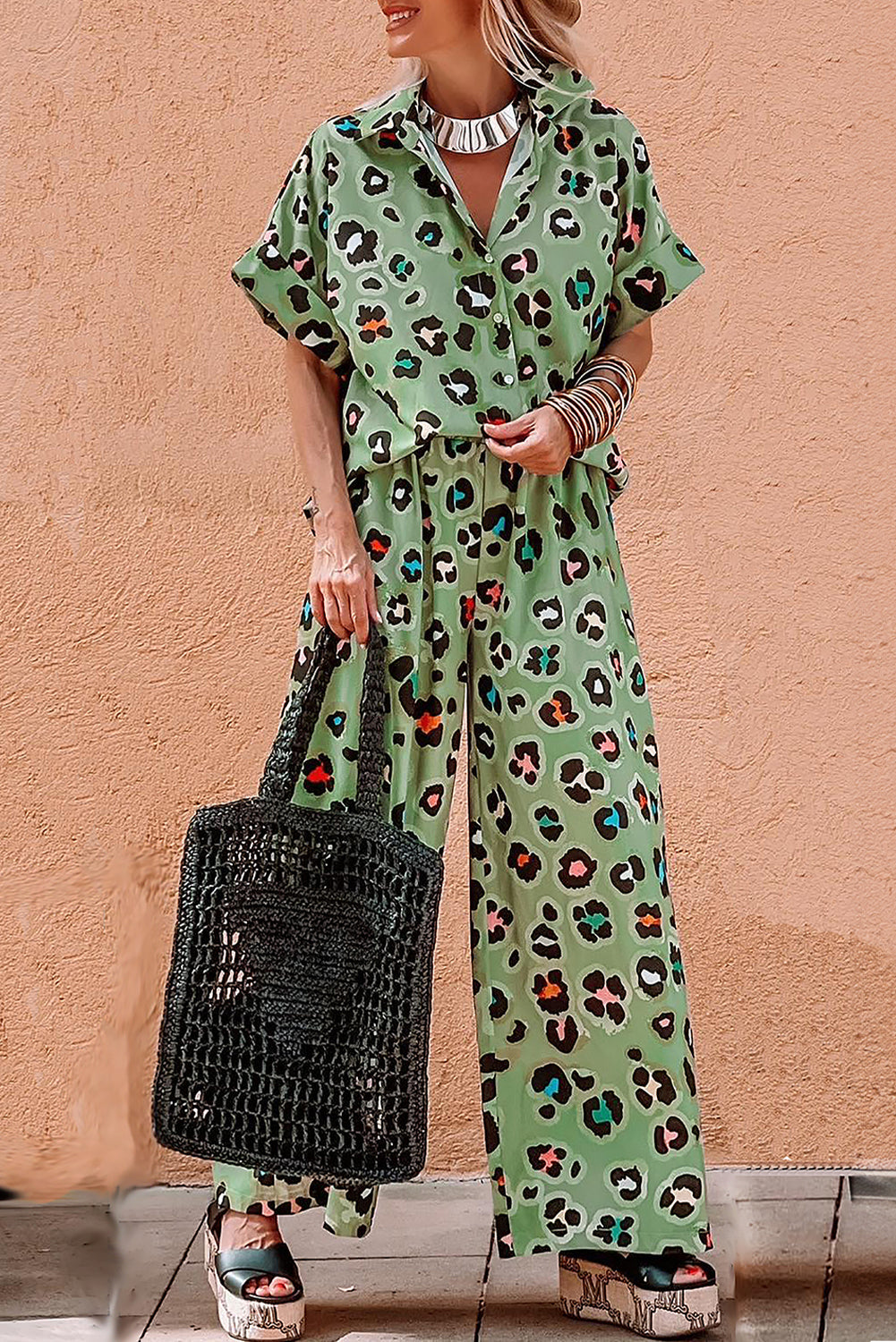 Green Leopard Print Short Sleeve Shirt and Wide Leg Pants Set Shewin