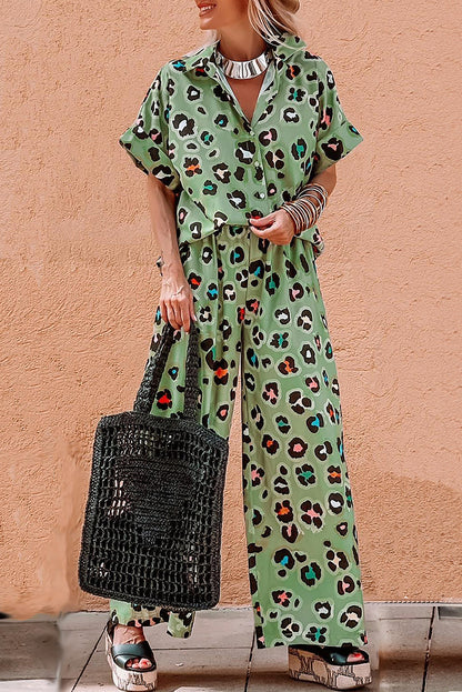 Green Leopard Print Short Sleeve Shirt and Wide Leg Pants Set Shewin
