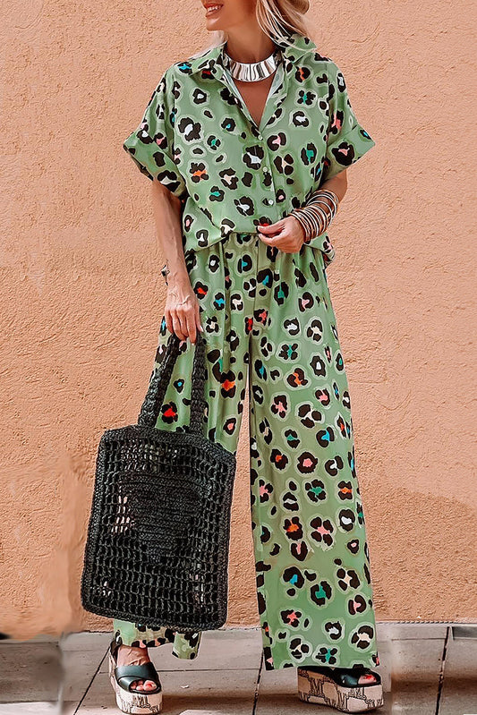 Green Leopard Print Short Sleeve Shirt and Wide Leg Pants Set Shewin