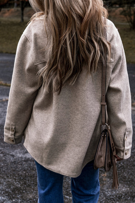 Light Grey Turn Down Collar Flap Pockets Buttoned Shacket Shewin