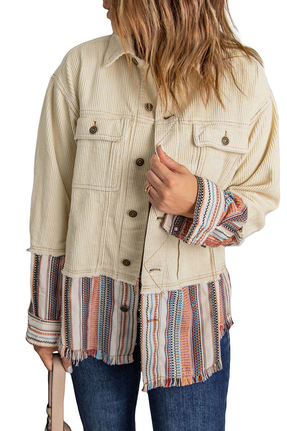Beige Button Up Pockets Striped Color Block Corduroy Jacket Shewin