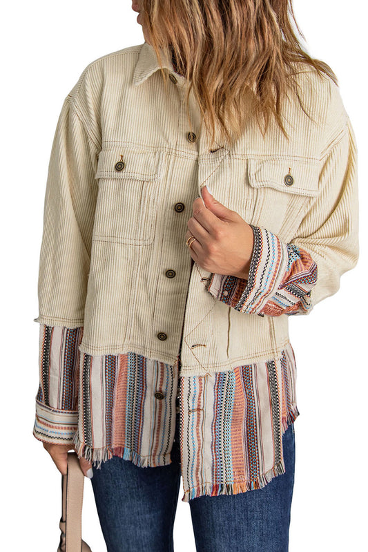 Beige Button Up Pockets Striped Color Block Corduroy Jacket Shewin
