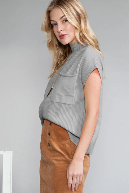 Gold Flame Patch Pocket Ribbed Knit Short Sleeve Sweater Shewin