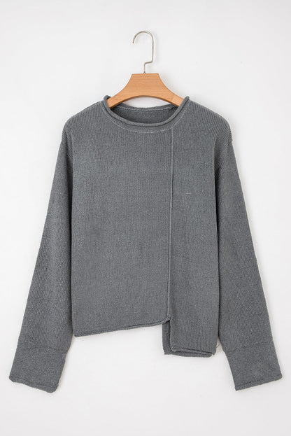 Medium Grey Raw Edge Uneven Hem Patchwork Drop Shoulder Sweater Shewin