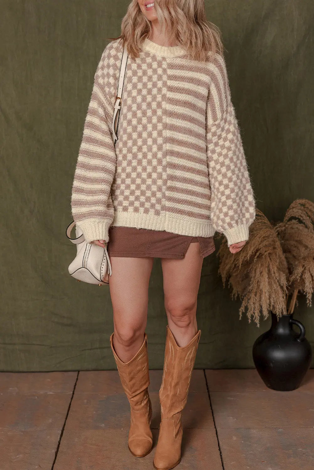 Khaki Stripe Checkerboard Drop Shoulder Balloon Sleeve Sweater Shewin