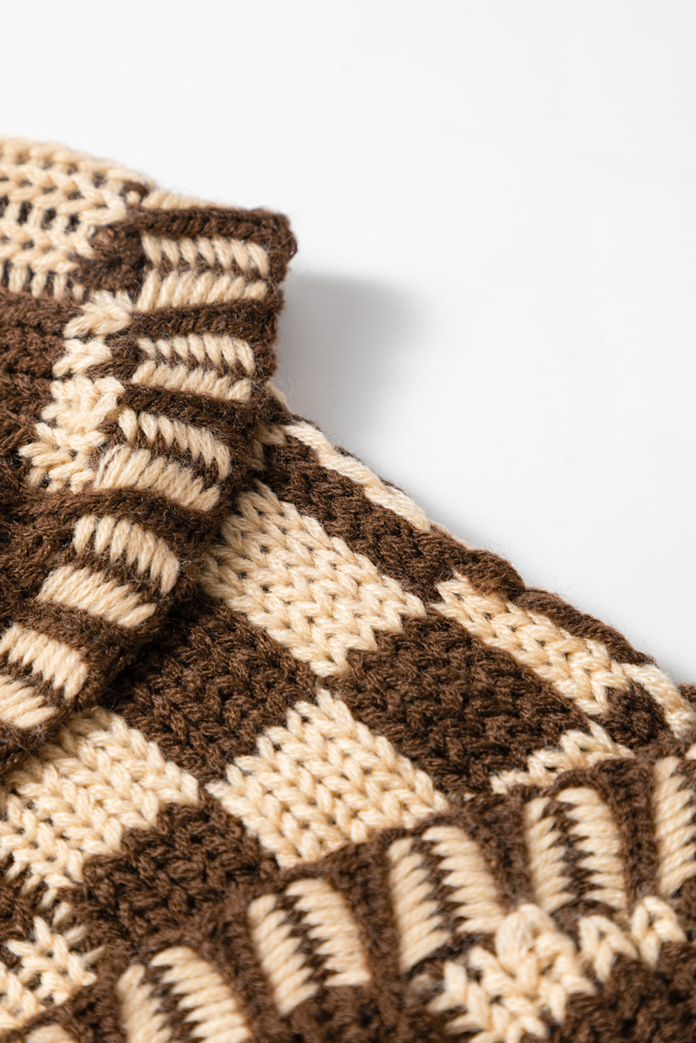 Dark Brown Colorblock Checked Loose Fit Open Front Knitted Cardigan Shewin