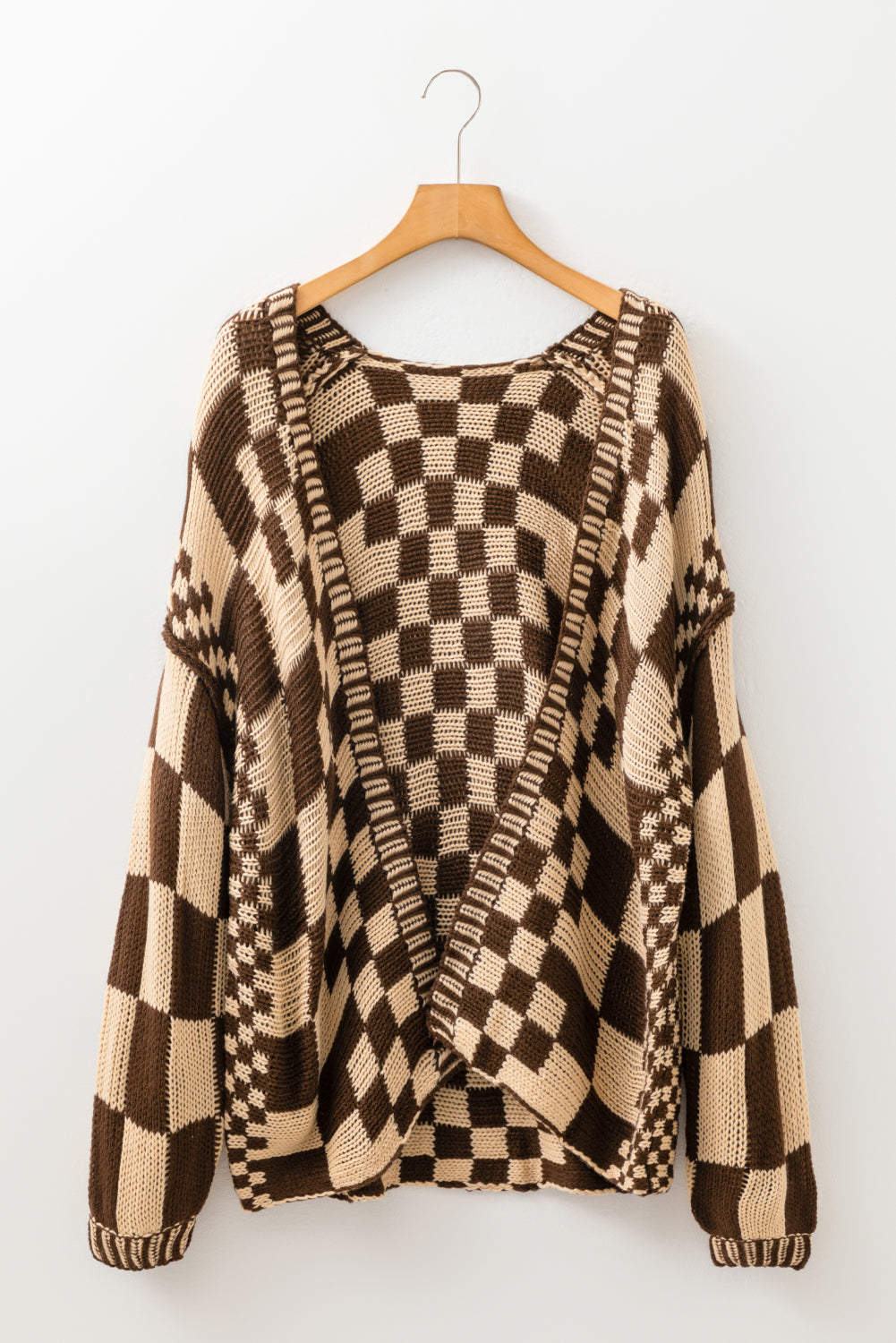 Dark Brown Colorblock Checked Loose Fit Open Front Knitted Cardigan Shewin