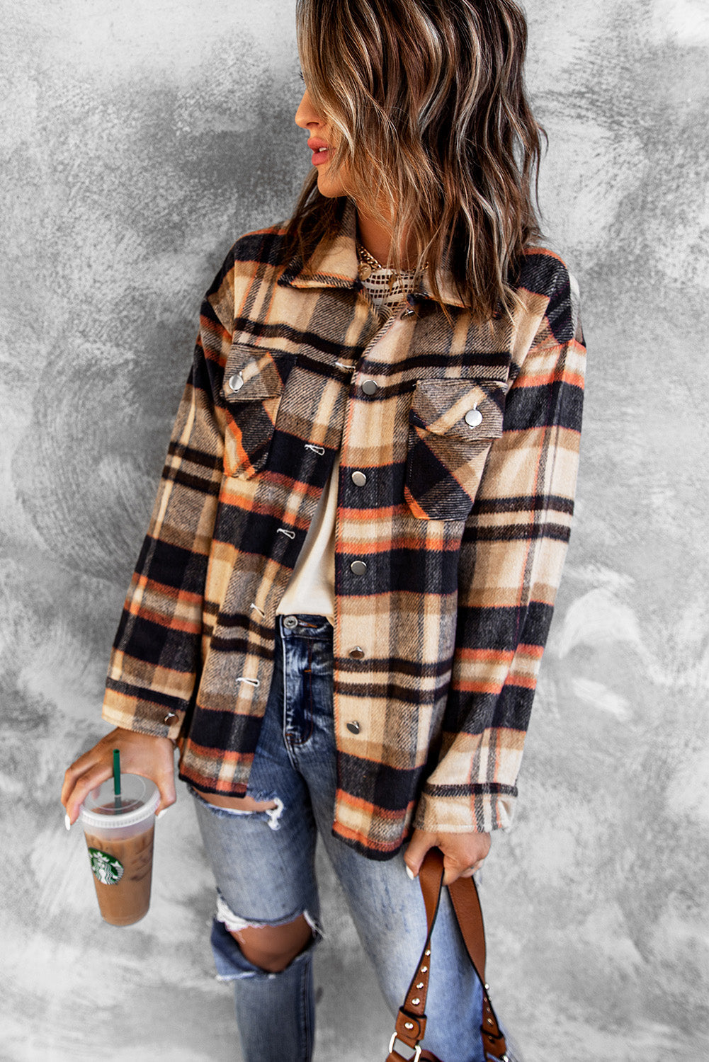 Brown Plaid Button Up Long Sleeve Flannel Shacket Shewin