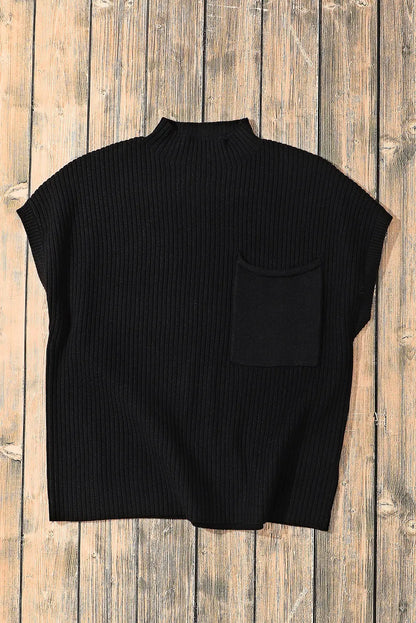Gold Flame Patch Pocket Ribbed Knit Short Sleeve Sweater Shewin