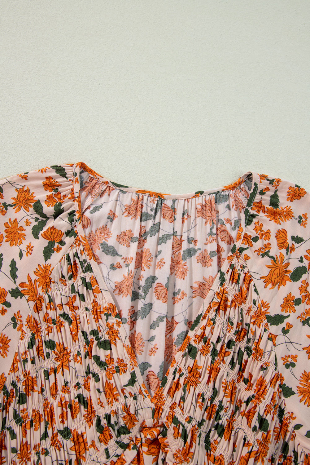 Beige Floral Smocked V Neck Bubble Sleeve Babydoll Dress Shewin