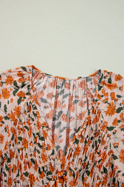 Beige Floral Smocked V Neck Bubble Sleeve Babydoll Dress Shewin