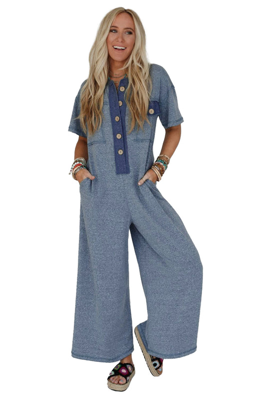 Beau Blue Patchwork Pocket Short Sleeve Jumpsuit Shewin
