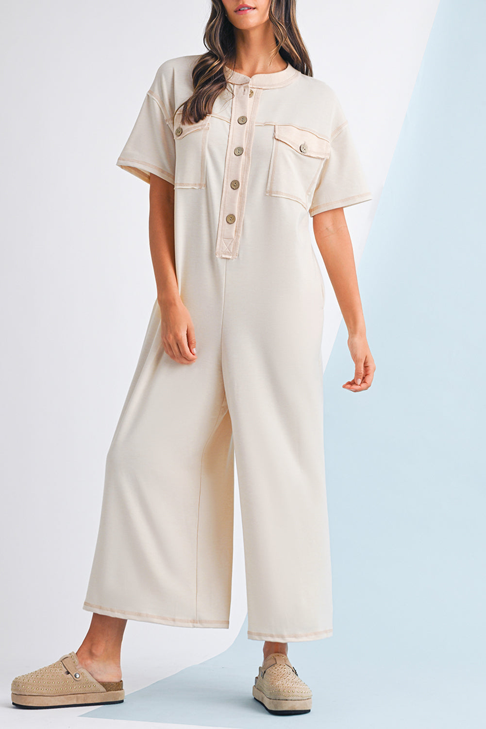 Beau Blue Patchwork Pocket Short Sleeve Jumpsuit Shewin