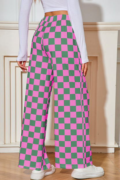 Green Checkered Print High Waist Wide Leg Pants