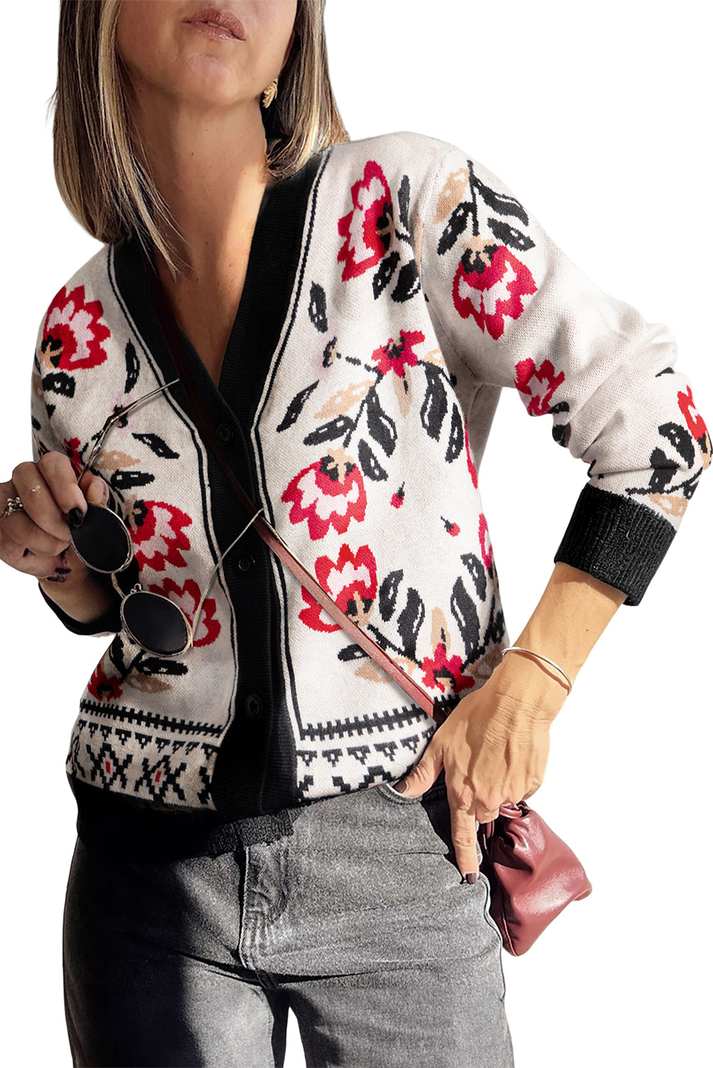 Black Floral Print Button Front V Neck Contrast Trim Cardigan