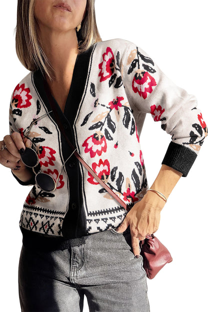 Black Floral Print Button Front V Neck Contrast Trim Cardigan