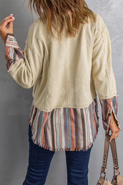 Beige Button Up Pockets Striped Color Block Corduroy Jacket Shewin