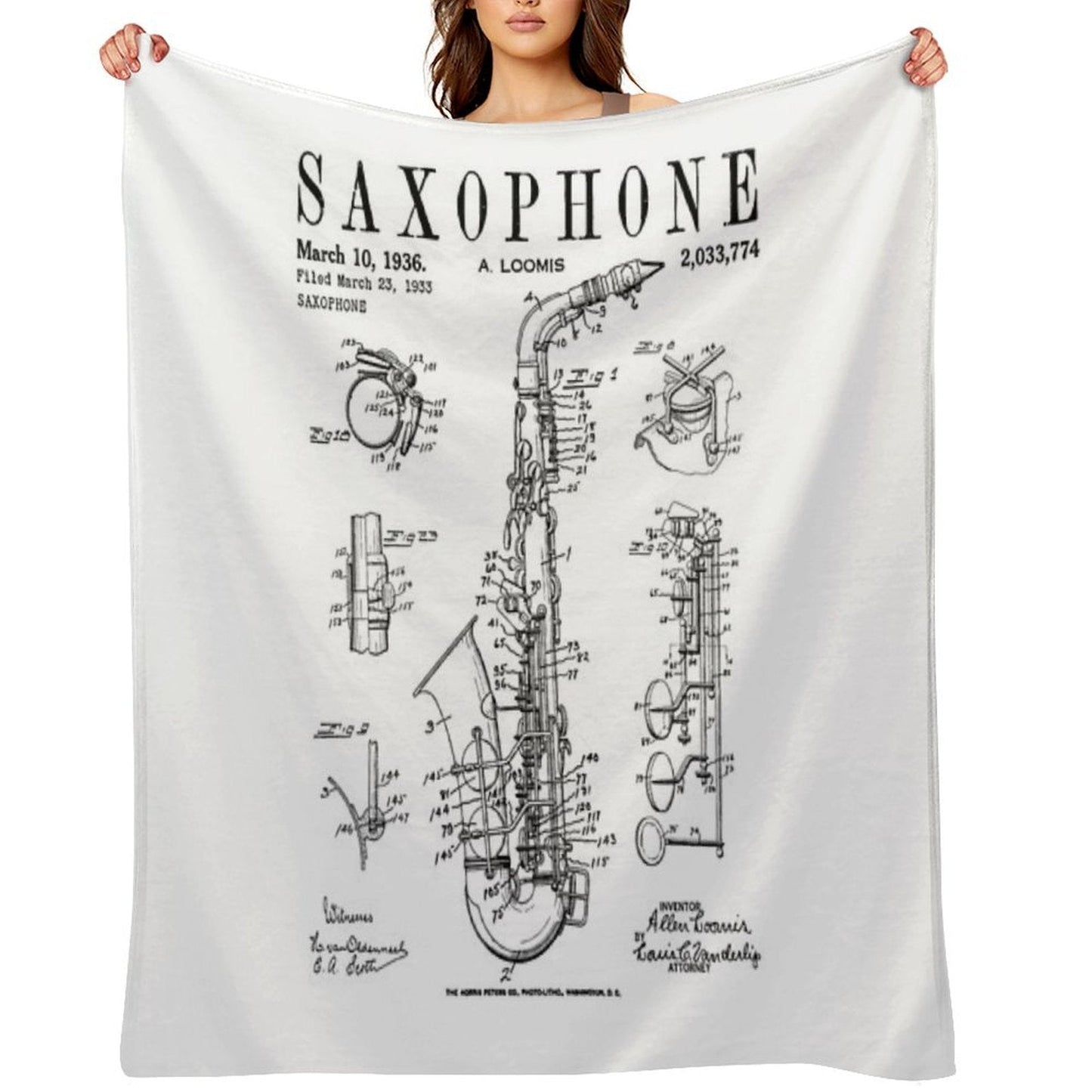 Saxophone Old Vintage Patent Drawing Print Throw Blanket
