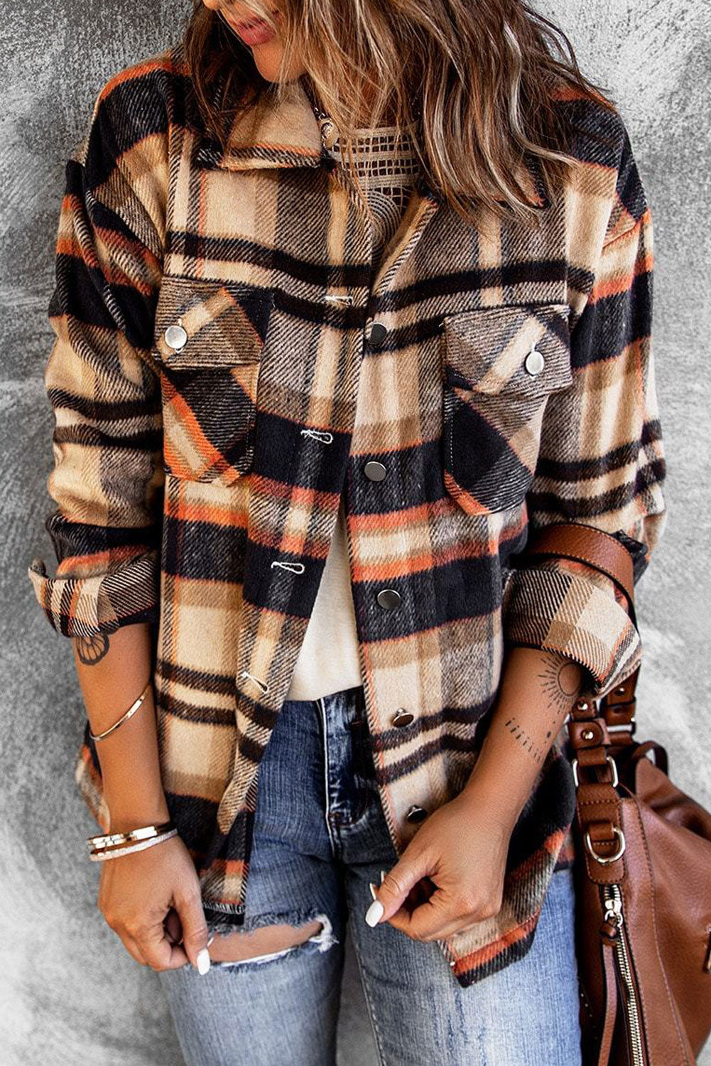 Brown Plaid Button Up Long Sleeve Flannel Shacket Shewin