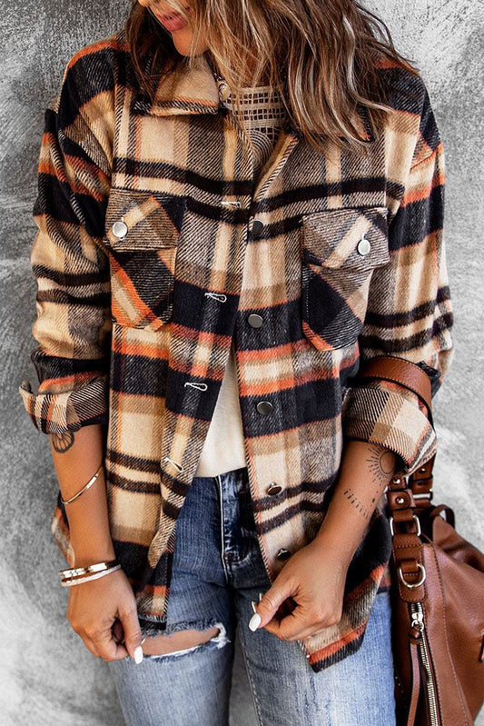 Brown Plaid Button Up Long Sleeve Flannel Shacket Shewin
