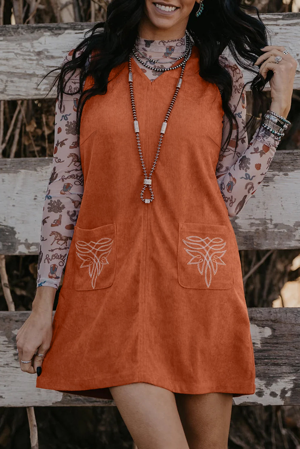 Gold Flame Corduroy Embroidered Patch Pocket Sleeveless Mini Dress Shewin