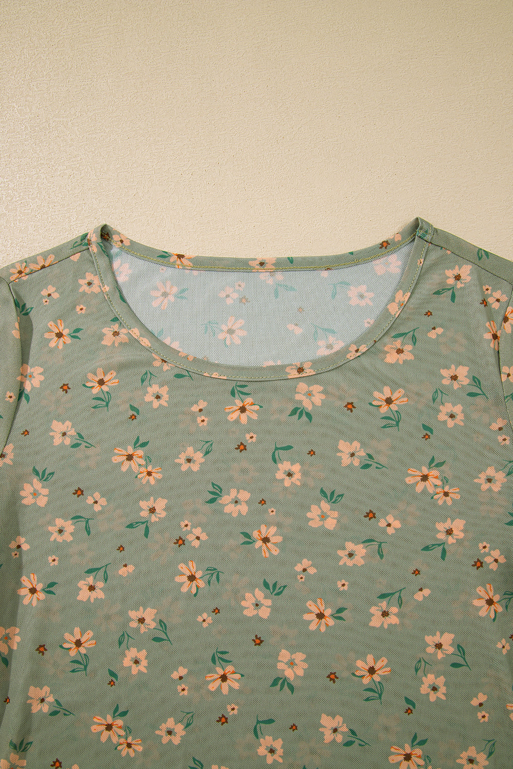 Laurel Green Vintage Floral Print Mesh Slim Fit Long Sleeve Top Shewin
