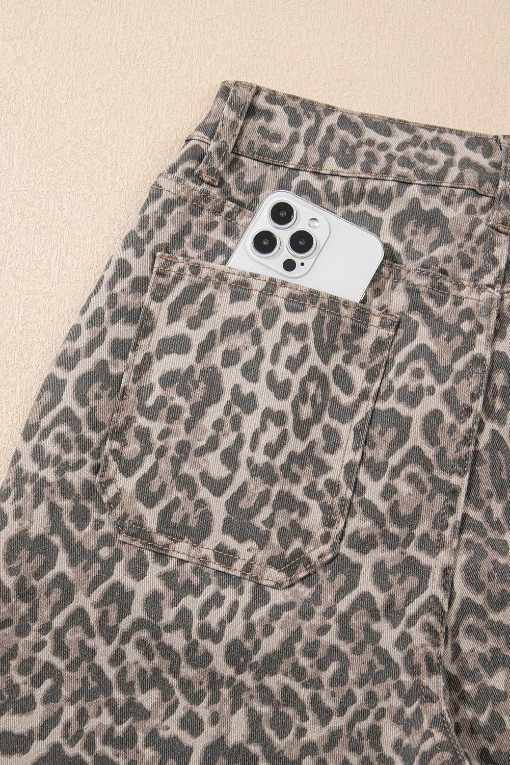 Brown Leopard High Waist Frayed Hem Jeans Shewin