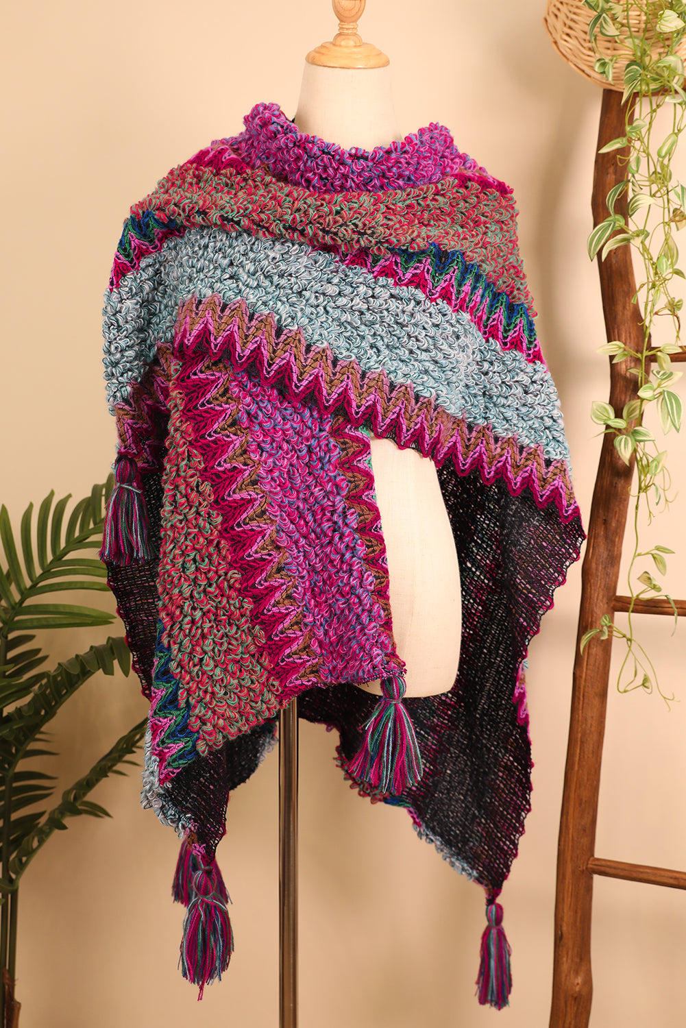 Rose Red Ethnic Tassel Knit Poncho Shewin