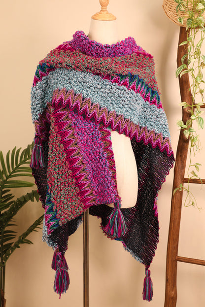 Rose Red Ethnic Tassel Knit Poncho Shewin