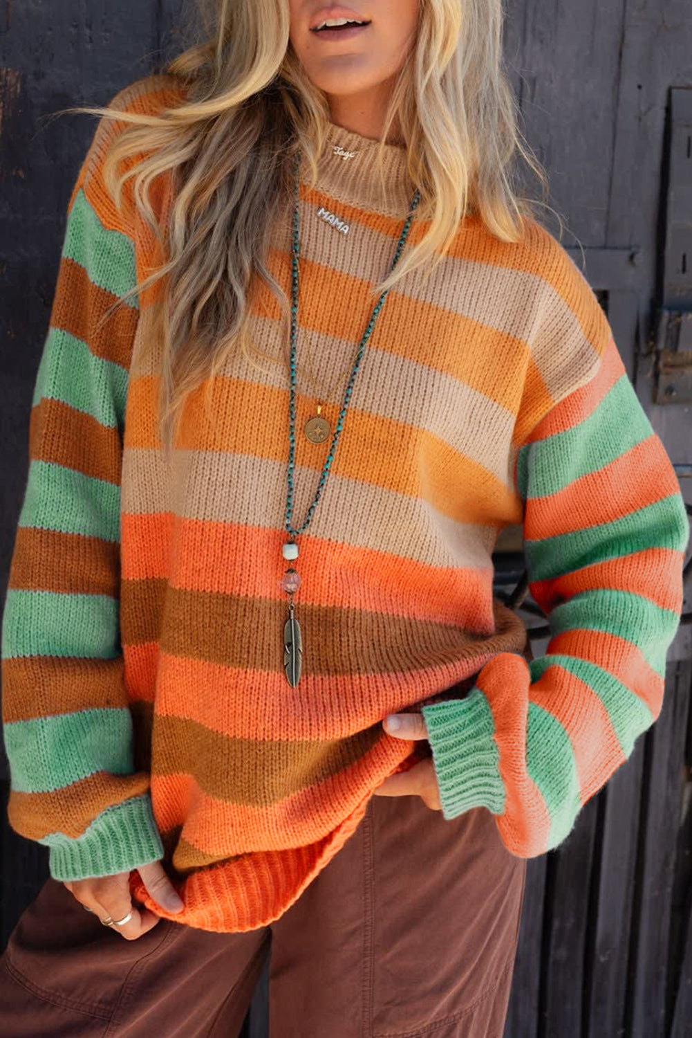 Orange Striped Colorblock High Neck Drop Shoulder Cozy Sweater Shewin