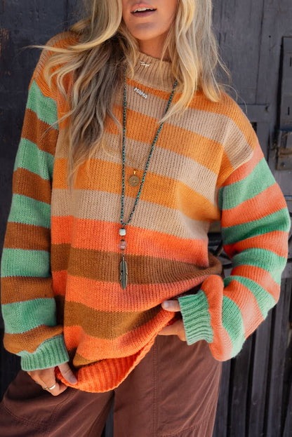 Orange Striped Colorblock High Neck Drop Shoulder Cozy Sweater Shewin