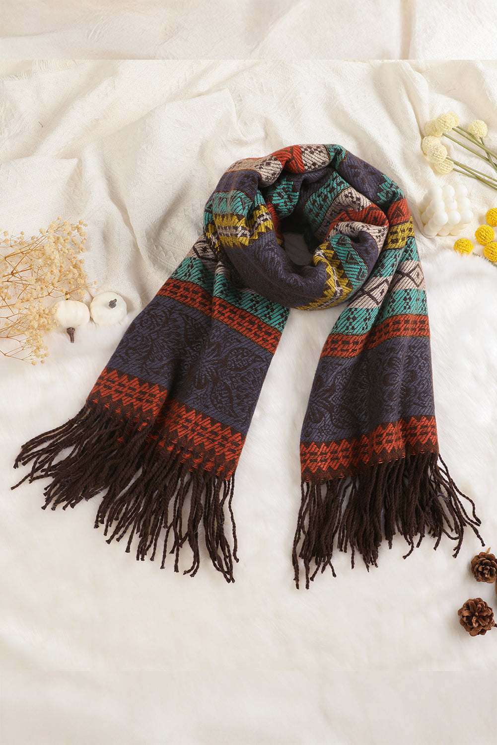 Light Blue Ethnic Print Tassel Trim Shawl Scarf Shewin