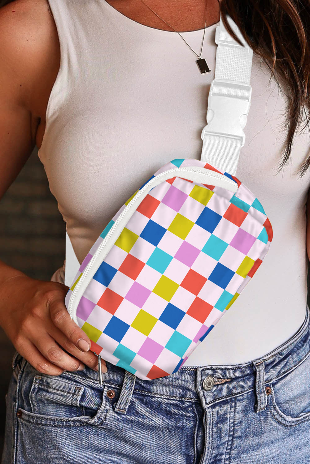 White Colorful Checkered Print Crossbody Bag Shewin