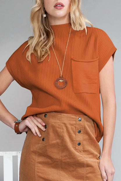 Gold Flame Patch Pocket Ribbed Knit Short Sleeve Sweater Shewin