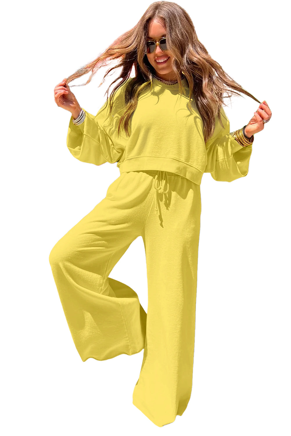 Flamingo Drop Shoulder Crop Pullover Drawstring Wide Leg Pants Set Shewin