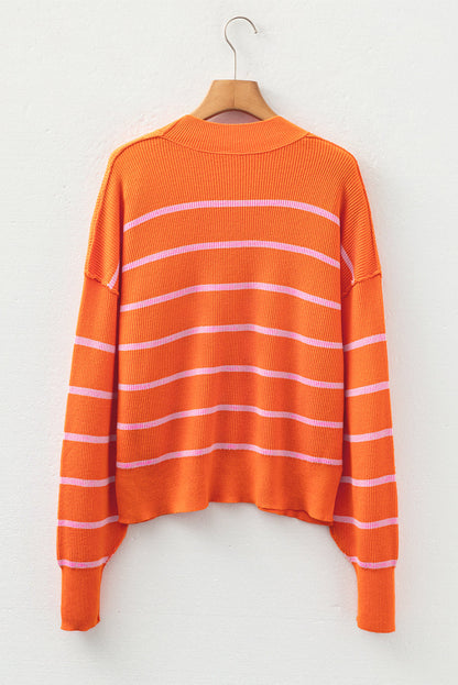 Orange Stripe Ribbed High Neck Drop Shoulder Boxy Fit Sweater Shewin