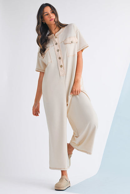 Beau Blue Patchwork Pocket Short Sleeve Jumpsuit Shewin