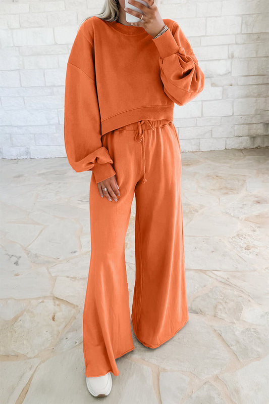 Flamingo Drop Shoulder Crop Pullover Drawstring Wide Leg Pants Set Shewin