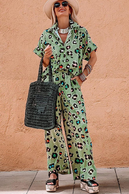 Green Leopard Print Short Sleeve Shirt and Wide Leg Pants Set Shewin