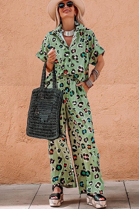 Green Leopard Print Short Sleeve Shirt and Wide Leg Pants Set Shewin