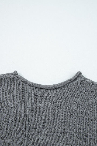Medium Grey Raw Edge Uneven Hem Patchwork Drop Shoulder Sweater Shewin