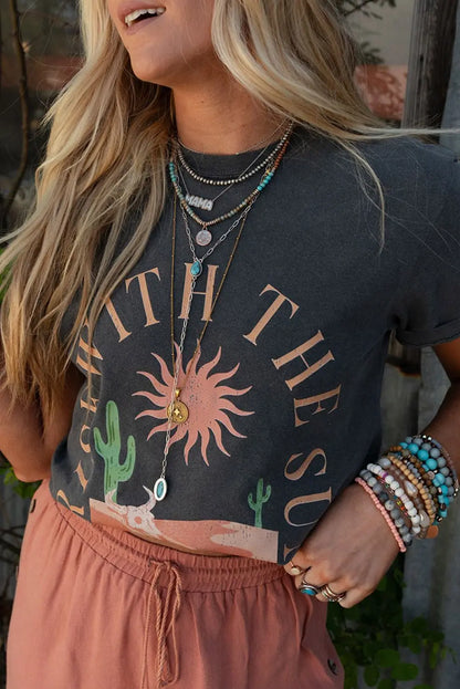 Dark Grey RISE WITH THE SUN Graphic Tee Shewin