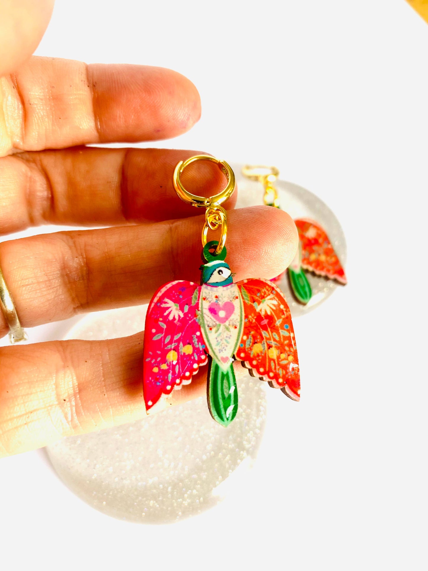 Large Bird Dangle Earrings on Huggie Hoops by Rosie Rose Parker Quirks!