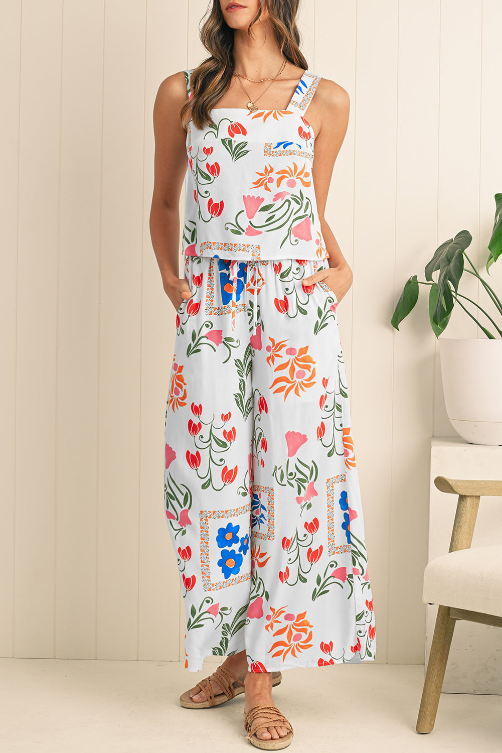 White Square Neck Tank & Wide Leg Pants Boho Floral Set Shewin