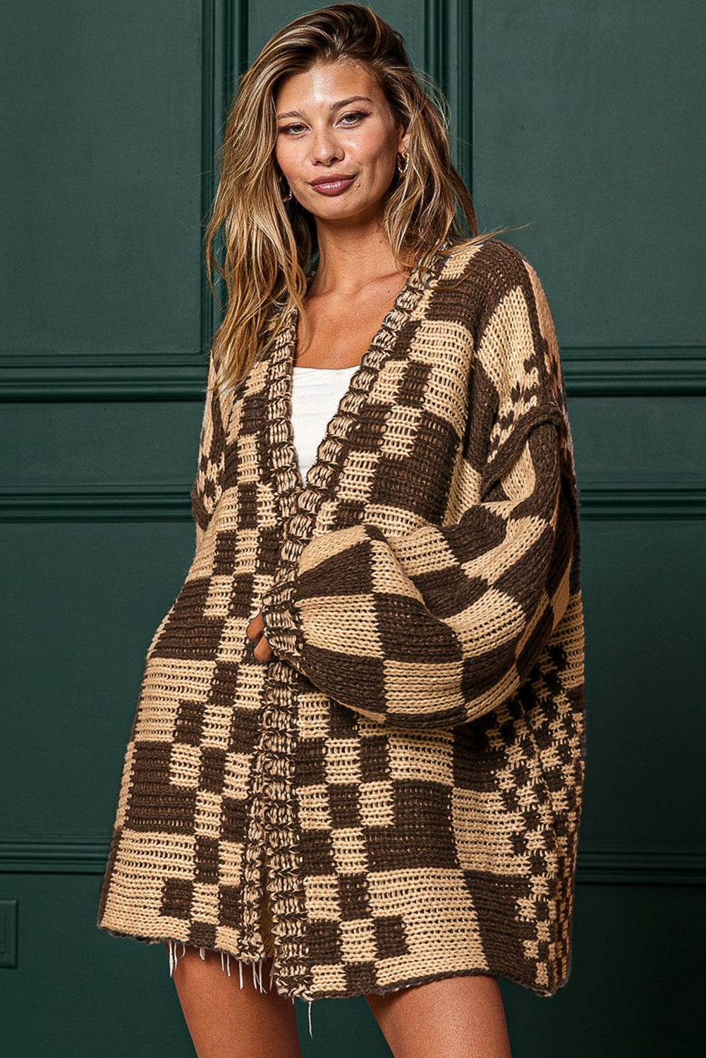 Dark Brown Colorblock Checked Loose Fit Open Front Knitted Cardigan Shewin